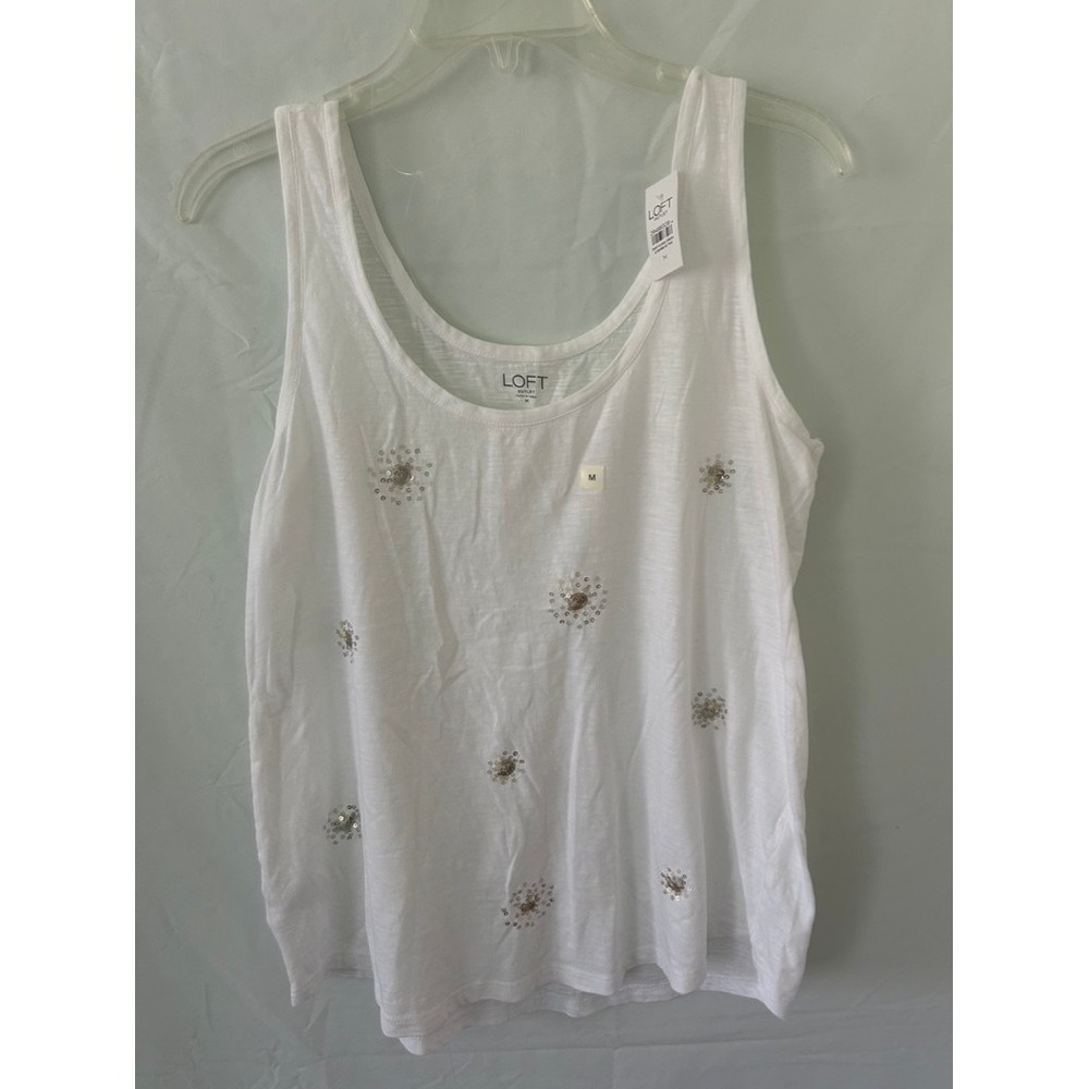 Loft Outlet Womens White Sequin Embellished Cotton Slub Tank Top Size M New